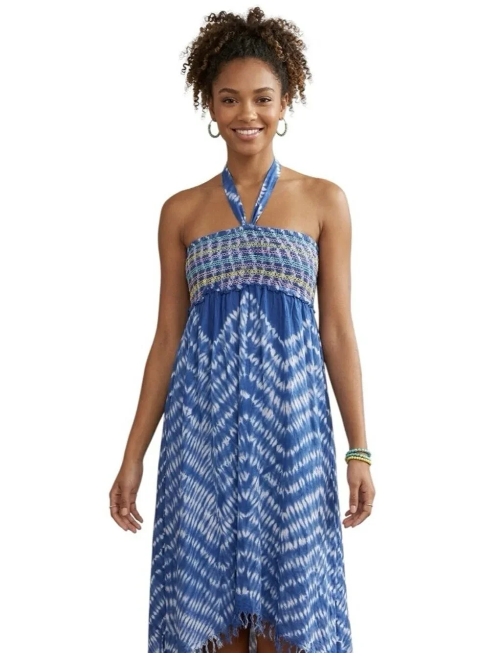 Blue Island Tie Dye Halter Dress Cover Up L Large Cotton Smocked High Low Boho